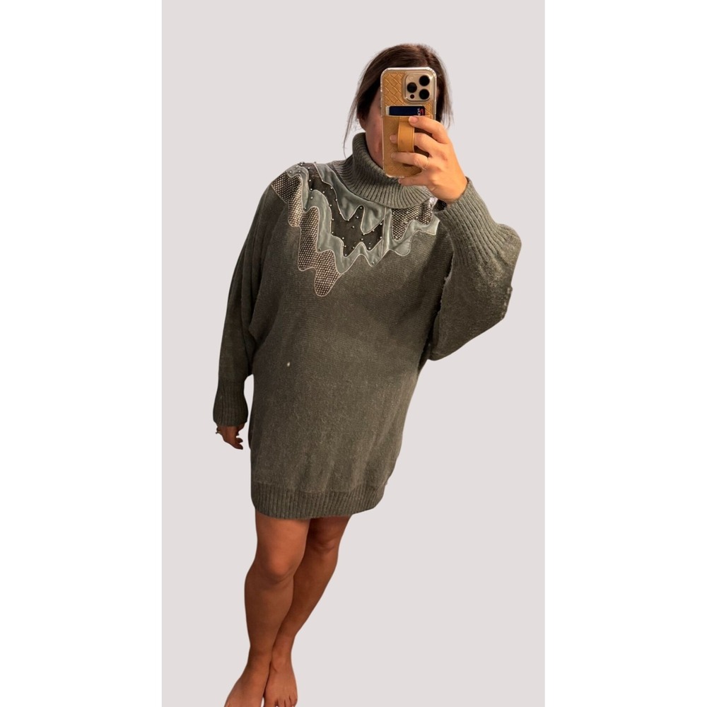 Vintage 80s Abstract Oversized Sweater Dress Large Shoulder Pads Turtleneck Grey - Picture 2 of 16